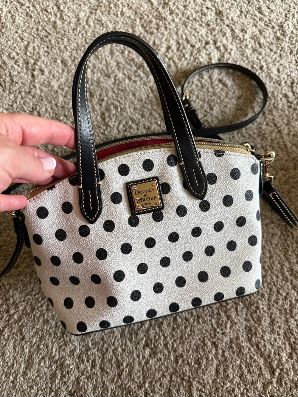 Dooney & Bourke White Polka Dot Satchel with Black Trim